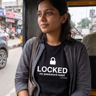 Priya Reddy wearing the LOWPOWER Locked statement tee, auto-rickshaw commute scene