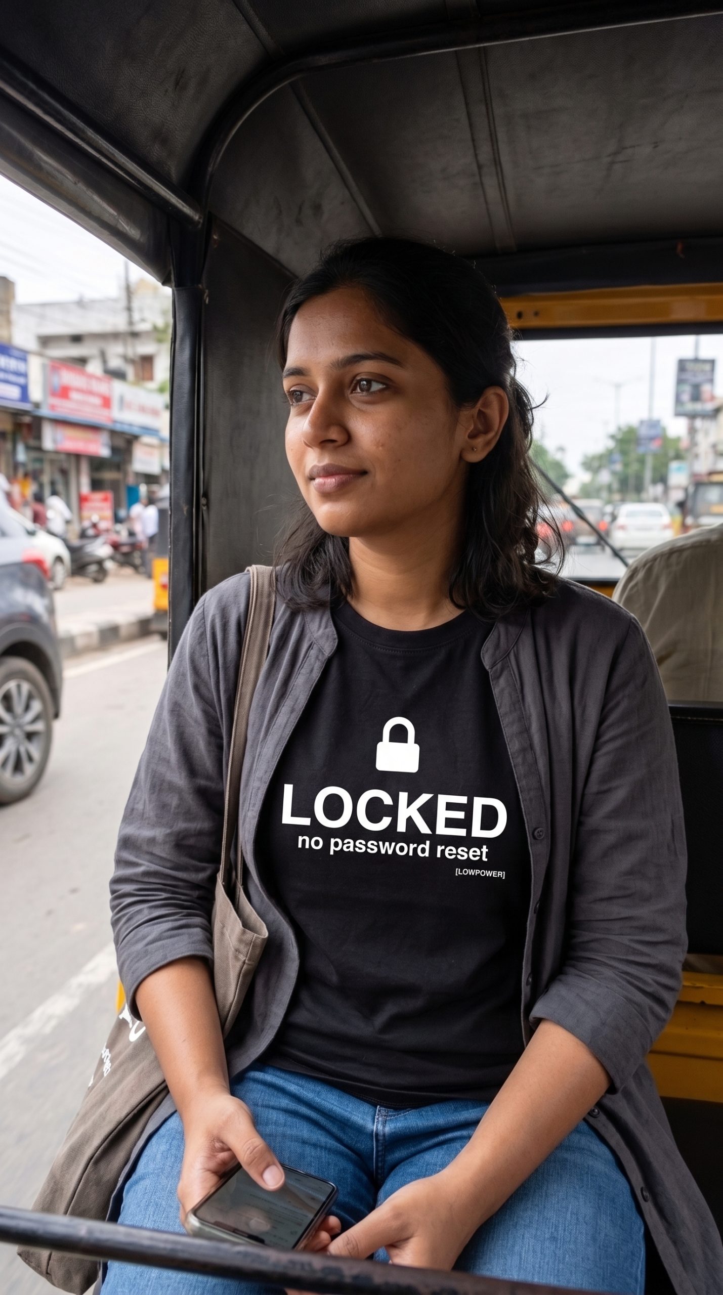 Priya Reddy wearing the LOWPOWER Locked statement tee, auto-rickshaw commute scene