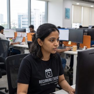 Priya Reddy wearing the LOWPOWER Recurring Event statement tee, open-plan office scene