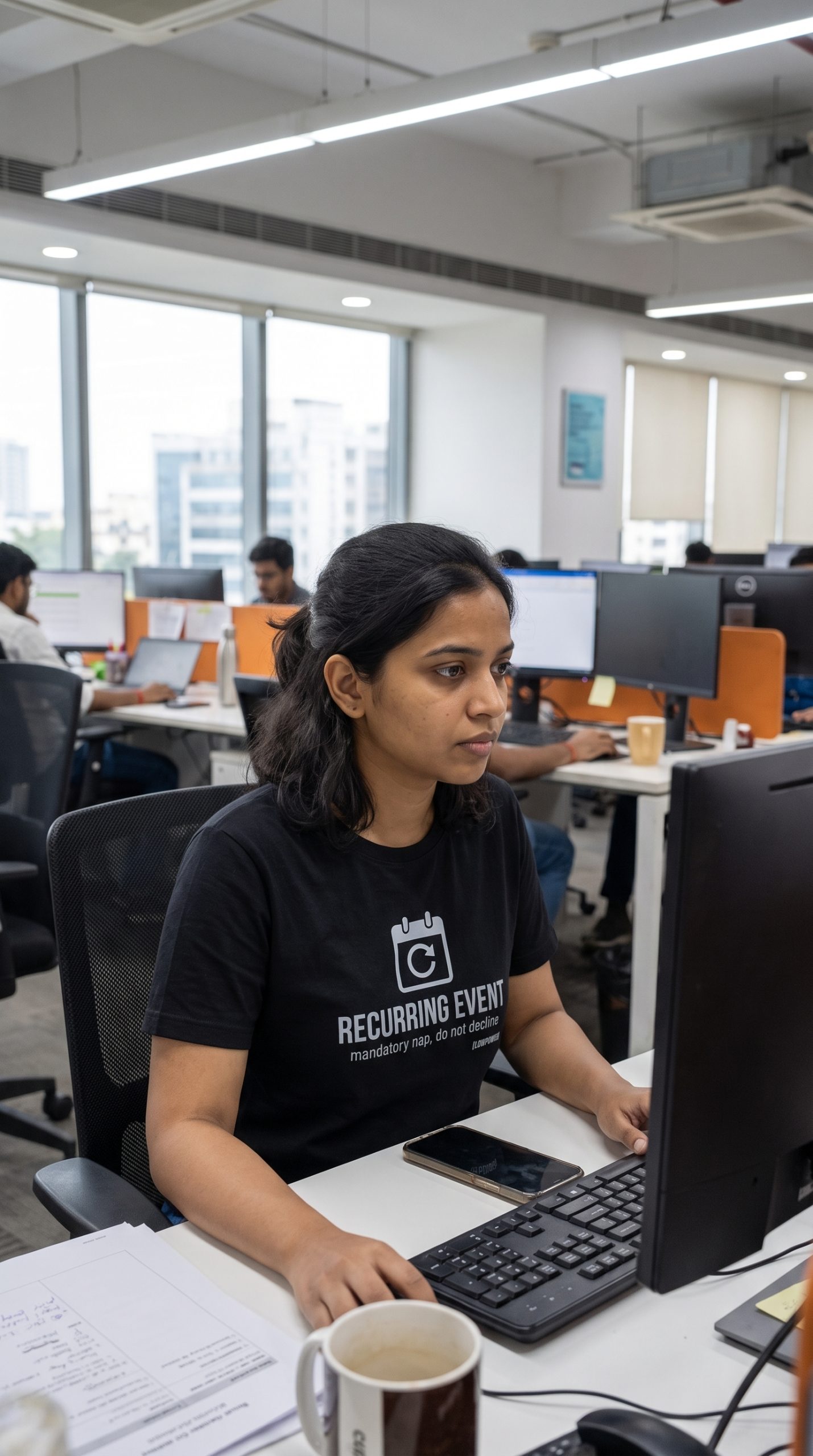 Priya Reddy wearing the LOWPOWER Recurring Event statement tee, open-plan office scene