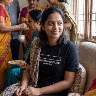 Priya Reddy wearing the LOWPOWER Submitting Since 2019 statement tee, family gathering scene