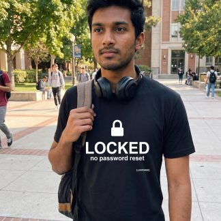 Rohan Rao wearing the LOWPOWER Locked statement tee, campus courtyard scene