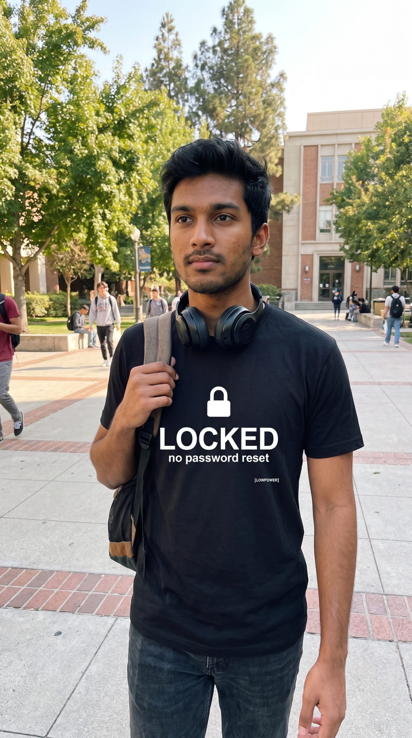 Rohan Rao wearing the LOWPOWER Locked statement tee, campus courtyard scene