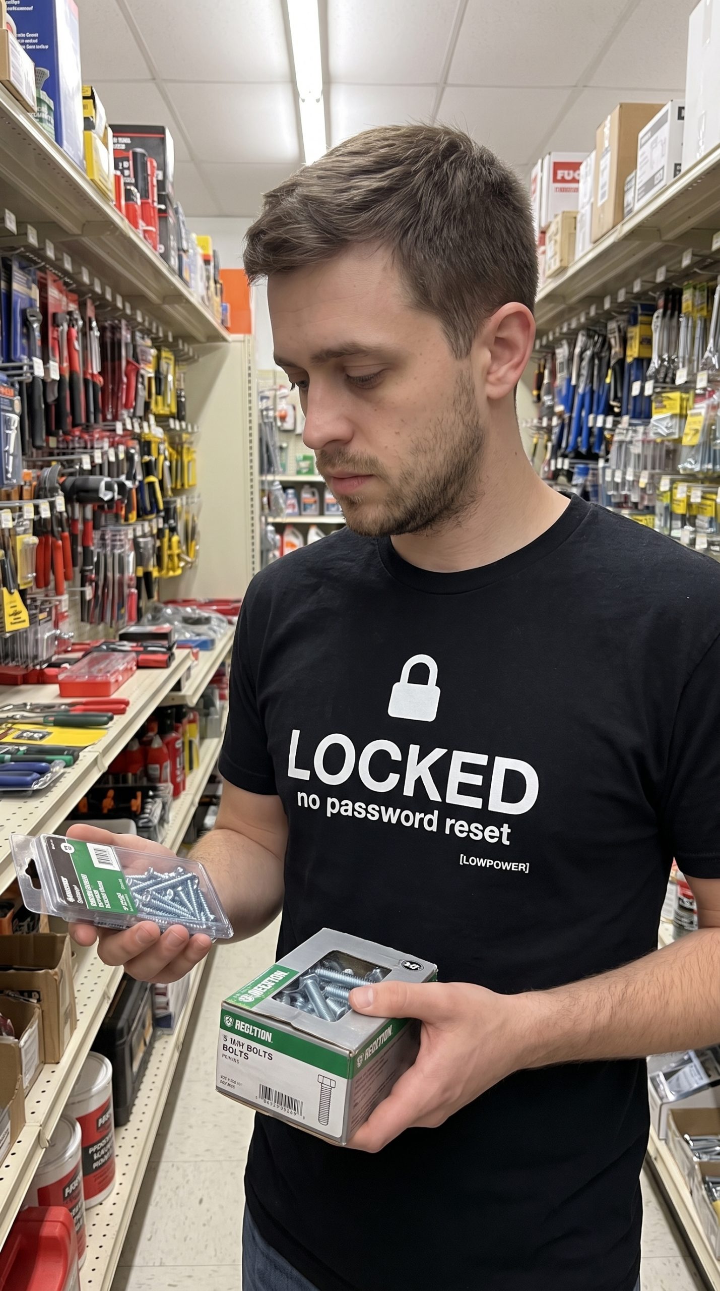 Jake Novak wearing the LOWPOWER Locked statement tee, hardware store scene