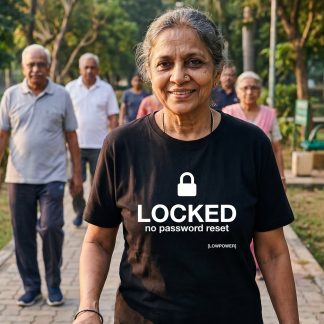 Lakshmi Iyer wearing the LOWPOWER Locked statement tee, morning walk park scene