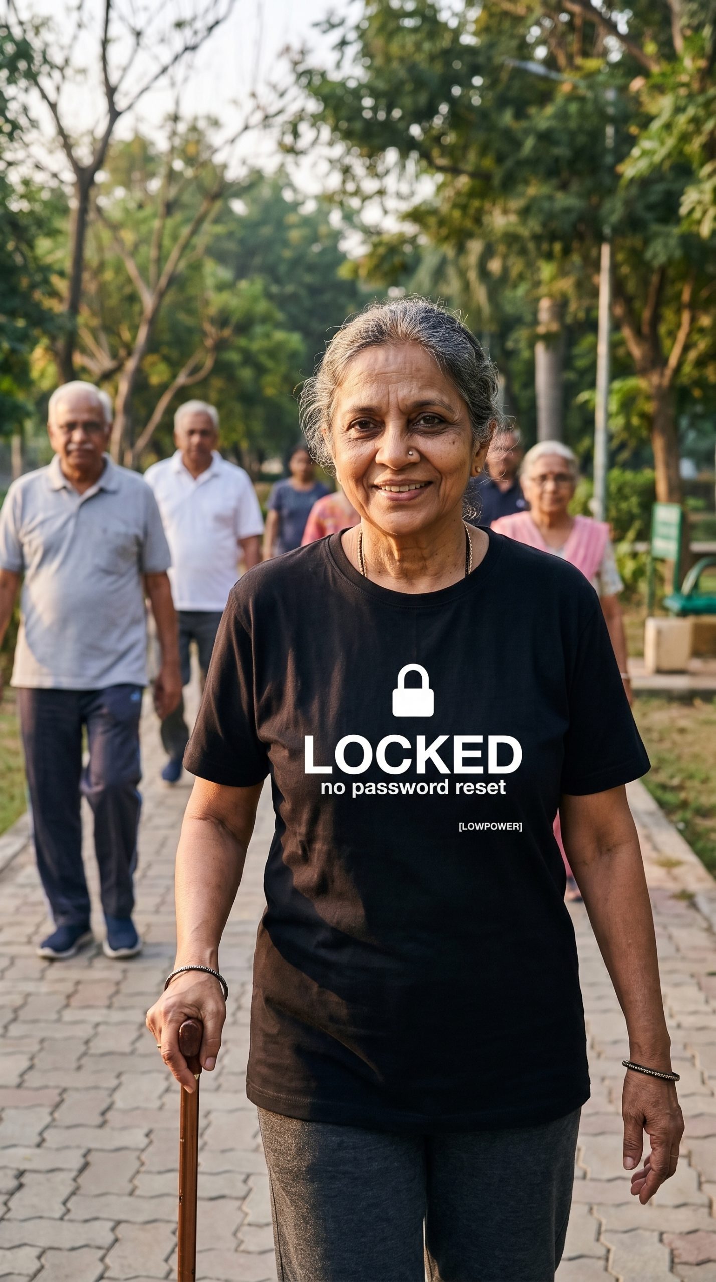 Lakshmi Iyer wearing the LOWPOWER Locked statement tee, morning walk park scene
