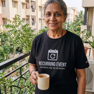 Lakshmi Iyer wearing the LOWPOWER Recurring Event statement tee, sunlit balcony scene