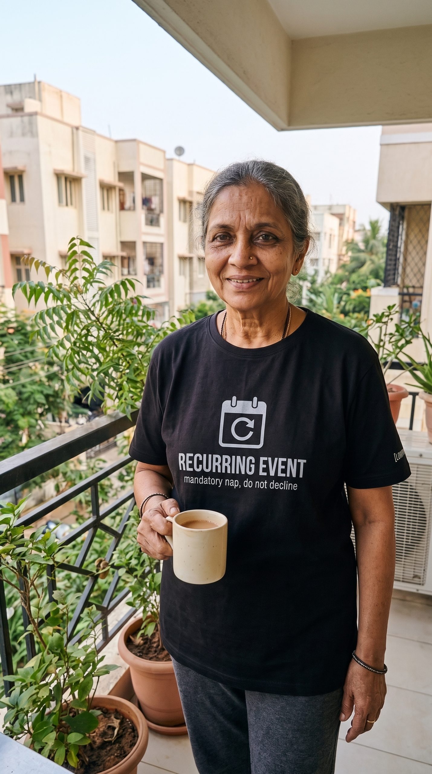 Lakshmi Iyer wearing the LOWPOWER Recurring Event statement tee, sunlit balcony scene
