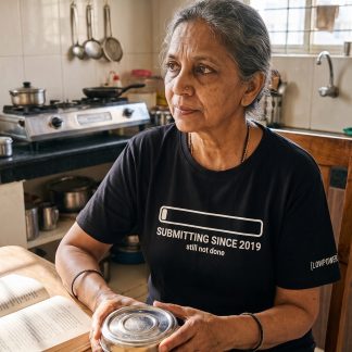 Lakshmi Iyer wearing the LOWPOWER Submitting Since 2019 statement tee, kitchen table scene
